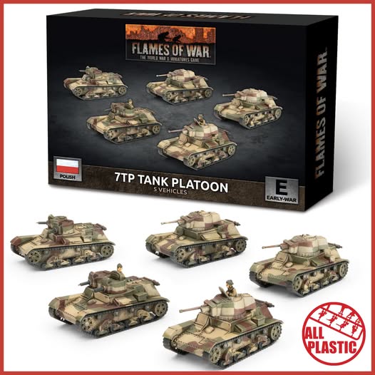 Flames of War 7TP Tank Platoon box with five Polish 7TP tanks lined up in front all plastic stamp visible