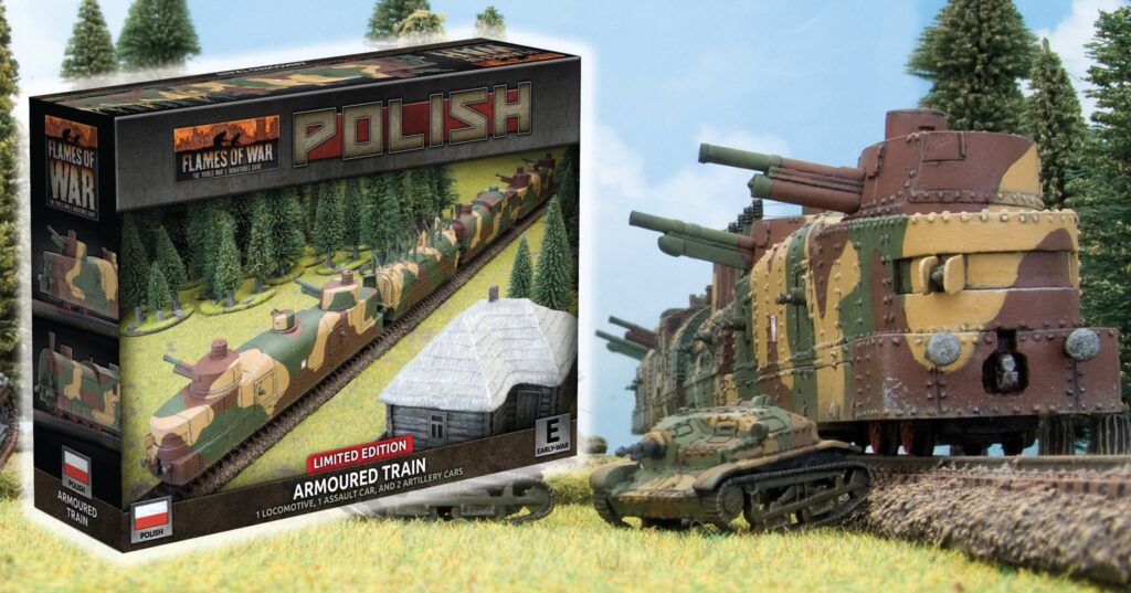 Boxed Flames of War Polish Armoured Train model kit with camouflaged locomotives on a forested diorama