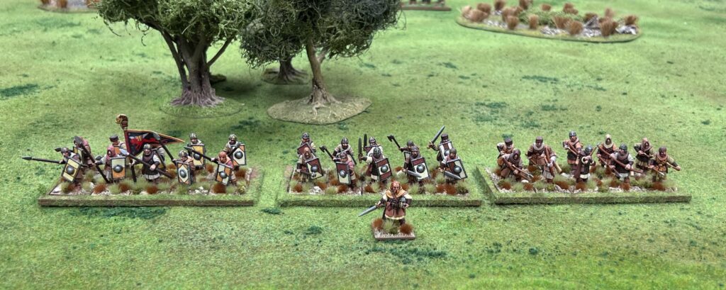 Rows of painted medieval style miniatures with shields and spears on a grassy tabletop battlefield with a single leader figure at the front center