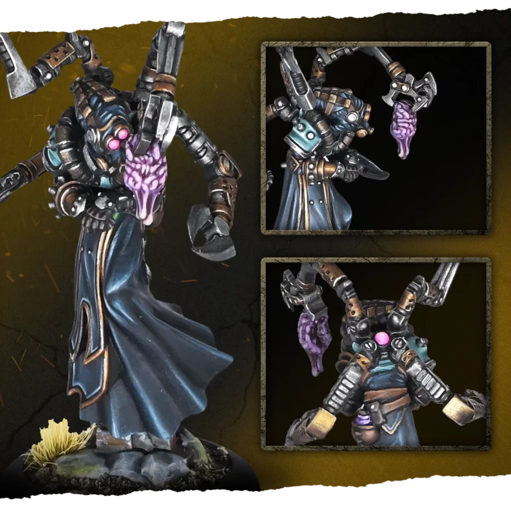 Dark armored fantasy minion with a purple fleshy tongue like appendage wielding weapons on a rocky base