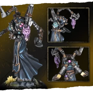Dark armored fantasy minion with a purple fleshy tongue like appendage wielding weapons on a rocky base
