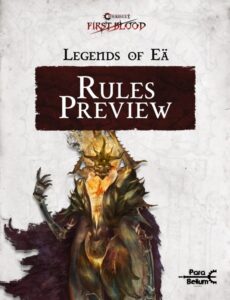 Cover artwork for Legends of Ea Rules Preview depicting a horned armored creature with a dark cape on a pale background with game logos in the corners