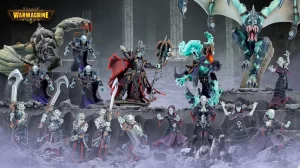 Dark fantasy battle scene with armored undead and skeletal minions facing a towering dragon-like demon in a ruined, snowy landscape under a WarMachine banner