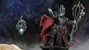 Dark armored necromancer with teal skin red cape and a large ornate polearm standing on a rocky pedestal