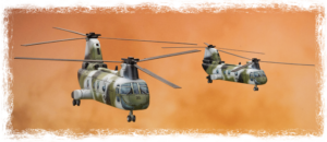 Two twin-rotor Chinook helicopters in formation flying over an orange smoky sky.
