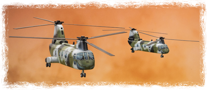 Two twin-rotor Chinook helicopters in formation flying over an orange smoky sky.