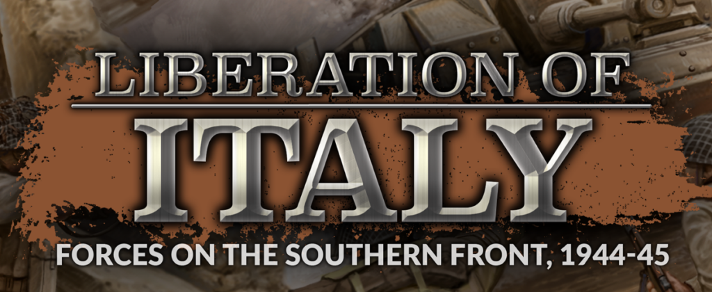 Screenshot 20260701 085539 Frontline Gaming Historical banner/cover with the title 'Liberation of Italy' and subtitle 'Forces on the Southern Front, 1944–45' against a brown brushstroke background.