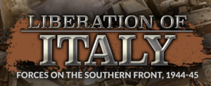 Historical banner/cover with the title 'Liberation of Italy' and subtitle 'Forces on the Southern Front, 1944–45' against a brown brushstroke background.