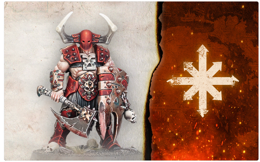 Screenshot 20260701 105149 Frontline Gaming Fantasy warrior in red armor and horned helmet, wielding a large axe, standing on rocky ground next to a fiery panel with a white eight-point star symbol on the right.