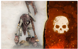Demonic creature with a massive battle-axe, standing on rocky ground, split against a fiery orange skull on the right.