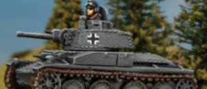 Scale model of a WWII German tank with a crewman figure displaying a white cross insignia on a forest backdrop