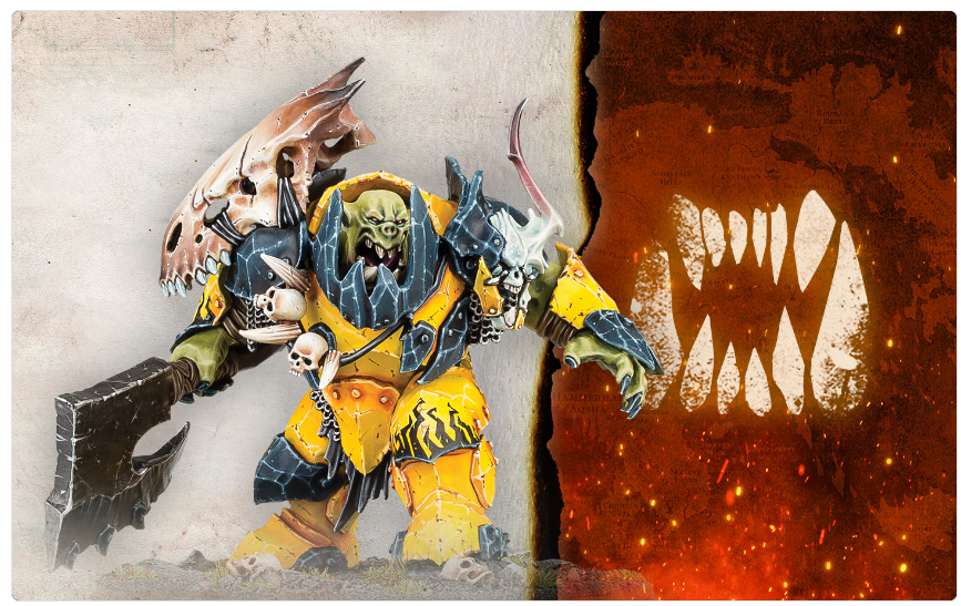Ork warrior figurine in yellow power armor with skull decorations, wielding a large hammer, posed against a gray wall and a fiery orange panel with a white jagged logo.