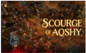 Chaotic tabletop battle with numerous painted miniatures clashing on a smoky lava lit battlefield overlaid by large orange text reading Source of Aqshy