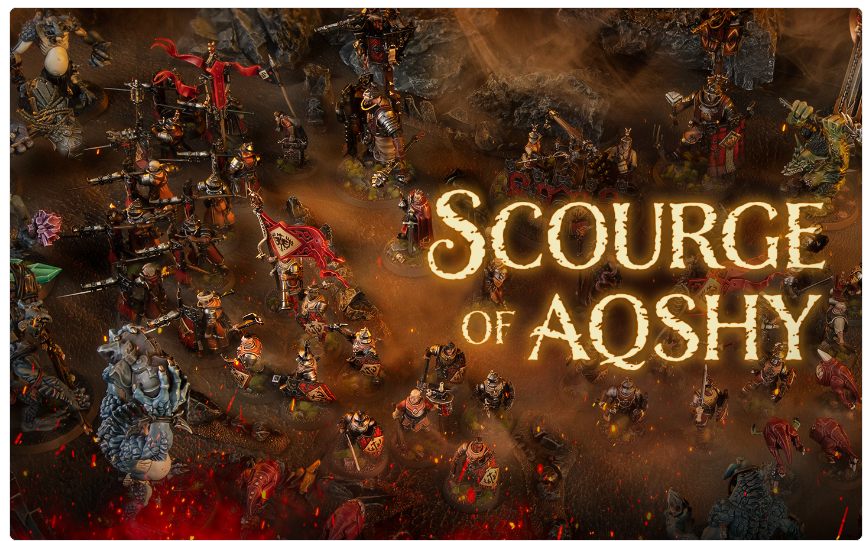 Chaotic tabletop battle with numerous painted miniatures clashing on a smoky lava lit battlefield overlaid by large orange text reading Source of Aqshy