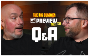 Two men in conversation on a video thumbnail for The Big Summer Preview Show—Q&A text overlaid in bold white letters.