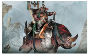 Armored warrior riding a massive horned beast across rocky terrain in a fantasy scene