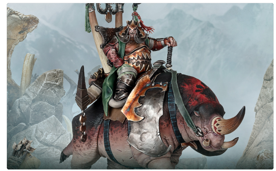 Armored warrior riding a massive horned beast across rocky terrain in a fantasy scene