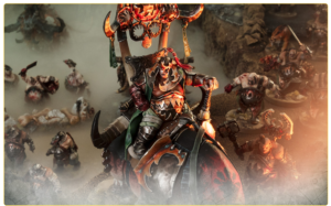 Central armored warrior on a horned demon steed leads a chaotic fantasy battle with orcish foes surrounding them