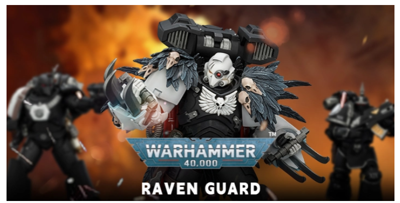 Promotional image for Warhammer 40000 Raven Guard featuring armored Space Marines against a fiery orange background