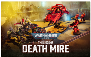 Warhammer 40000 battle scene with a red flying vehicle and armored soldiers on a ruined battlefield title reads The Siege of Death Mire