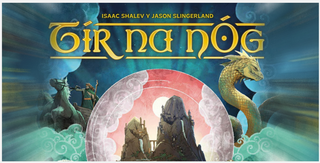 Screenshot 20260715 111006 Frontline Gaming Fantasy book cover for Tir na nÓg by Isaac Shalev and Jason Slingerland showing a glowing circular portal with rocky cliffs and a dragon against a blue green windy background