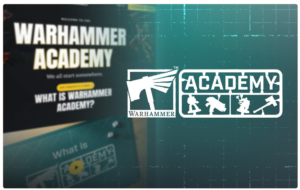 White Warhammer Academy logo on a teal grid background with blurred posters on the left