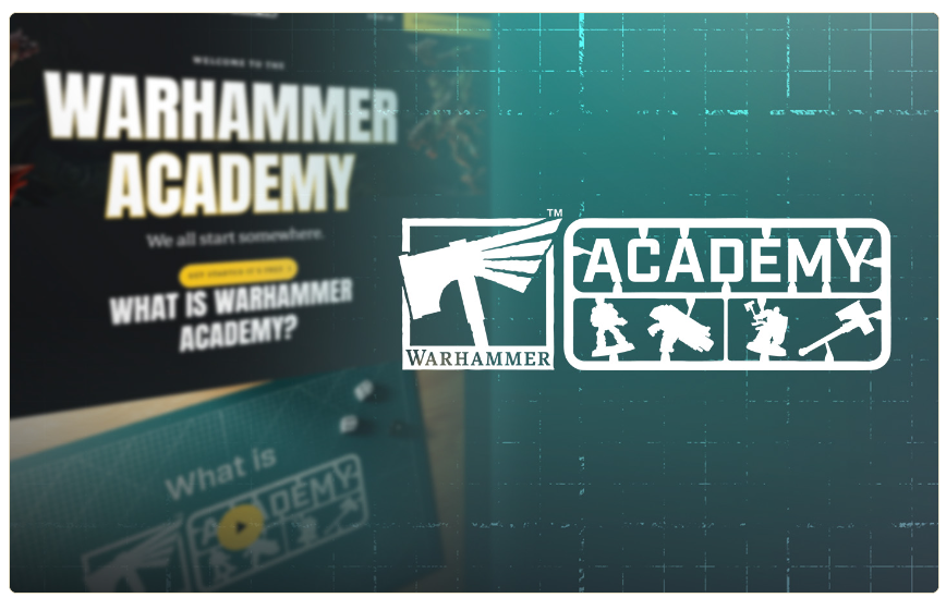 Screenshot 20260716 110500 Frontline Gaming White Warhammer Academy logo on a teal grid background with blurred posters on the left