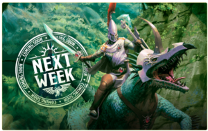 Armored rider on a teal dragon in a lush forest with a circular Next Week promo stamp in the background