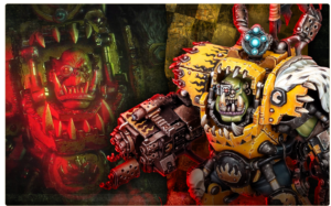 Orc warboss in yellow power armor with a massive gun posed against a dark red dungeon like background