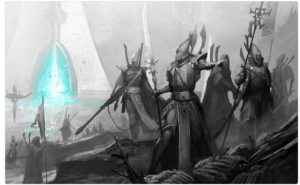 Armored warriors march across a desolate battlefield toward a glowing blue portal in the distance