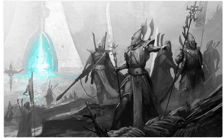 Armored warriors march across a desolate battlefield toward a glowing blue portal in the distance