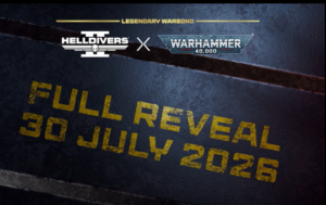 Promotional banner for a Hell Divers x Warhammer 40000 collaboration announcing a full reveal on 30 July 2026
