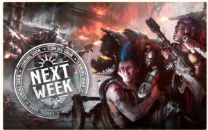 Teaser artwork of a futuristic battle with rugged soldiers and a large 'NEXT WEEK' banner, signaling an upcoming release.
