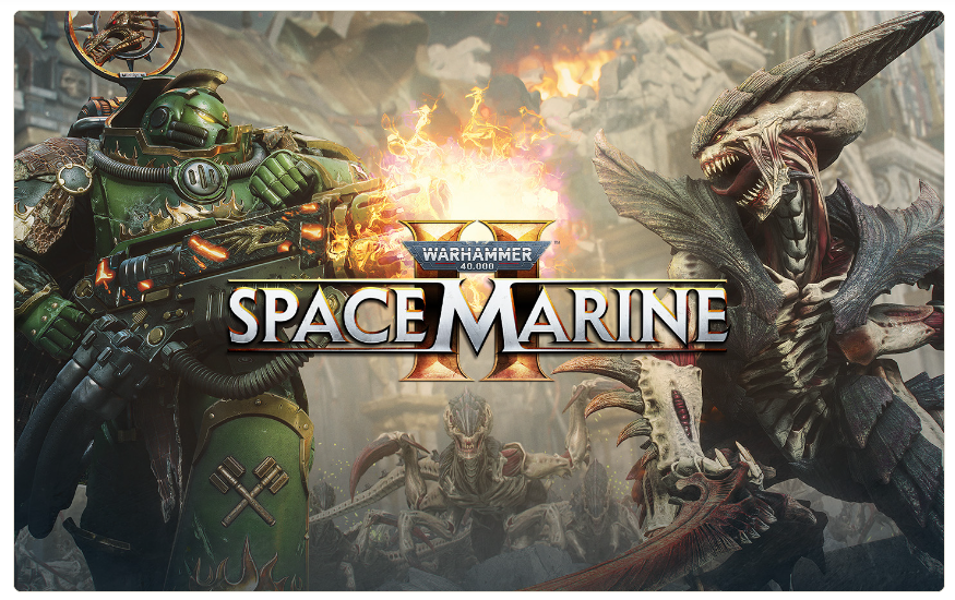 Battle scene from Warhammer 40000 Space Marine II with a green armored Space Marine firing at monstrous aliens amid a fiery battle scene