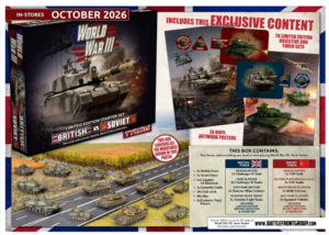 Promotional image for a World War II board game starter set British vs Soviet limited edition tanks on a diorama road October 2026 release