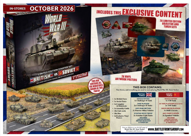 Promotional image for a World War II board game starter set British vs Soviet limited edition tanks on a diorama road October 2026 release