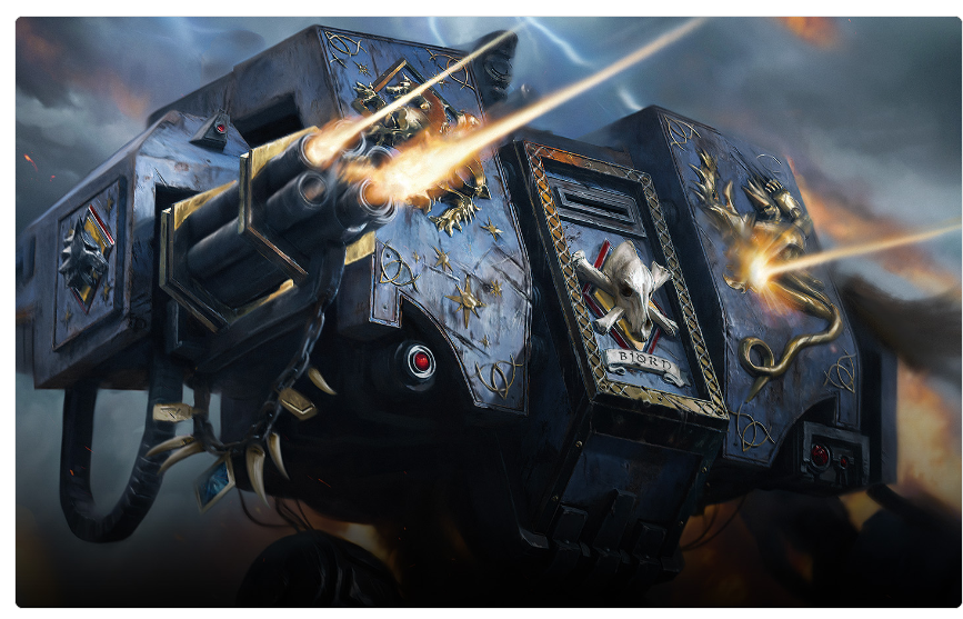 Massive armored war machine firing a bright cannon blue gray plates with gold ornamentation and a skull emblem on its side