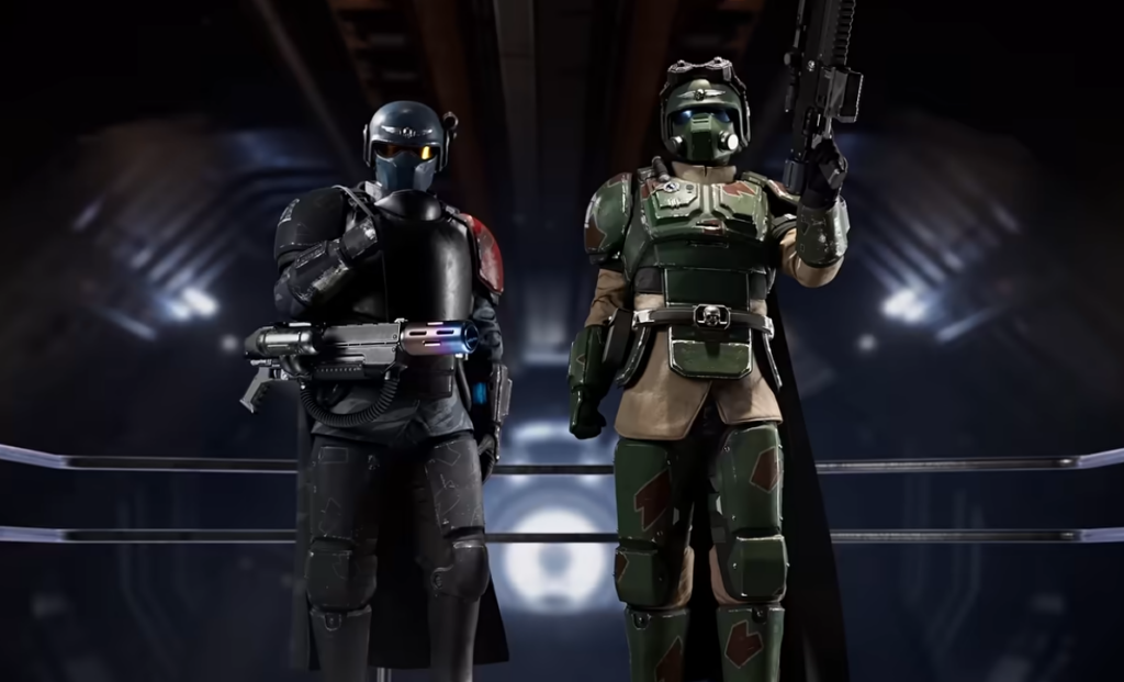 Two futuristic soldiers in heavy armor stand side by side on a sci fi arena railing each armed with a weapon