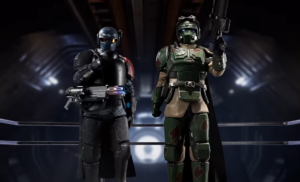 Two futuristic soldiers in heavy armor stand side by side on a sci fi arena railing each armed with a weapon