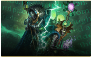 Two armored fantasy sorcerers wielding staffs unleash green magical energy in a dark text streaked background