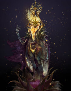 Mythic glowing armored figure with a crown like headpiece stands atop a luminous flower against a starry dark background