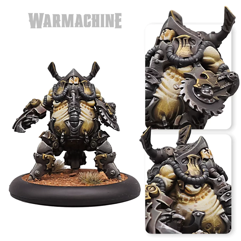 WMBlogSquare1200x120098bb0d9cfdd941ed81849b9f7d356388 Frontline Gaming Warhammer miniature a hulking armored creature with tusk like helm and bulky gear standing on a round desert brown base with tufts of grass front view with two close ups showing its detailed armor and weaponry
