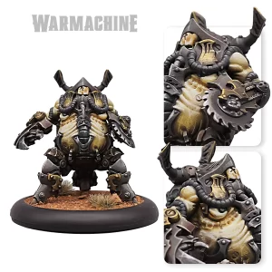 Warhammer miniature a hulking armored creature with tusk like helm and bulky gear standing on a round desert brown base with tufts of grass front view with two close ups showing its detailed armor and weaponry