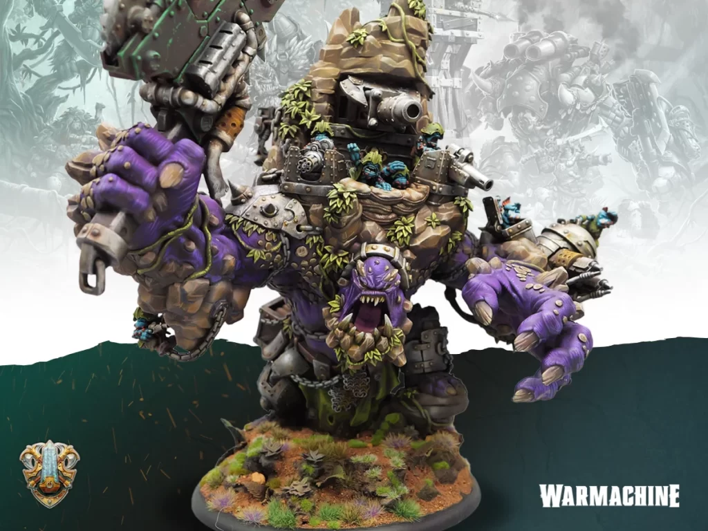 WMInlineKithguardFortressKing1200x9007d323cdb139946f785324a53ac3c8864 Frontline Gaming Massive purple armored war machine creature with vines and armor plates small blue goblin crew perched on its shoulders standing on a rocky plant covered base
