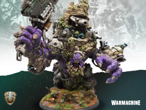 Massive purple armored war machine creature with vines and armor plates small blue goblin crew perched on its shoulders standing on a rocky plant covered base