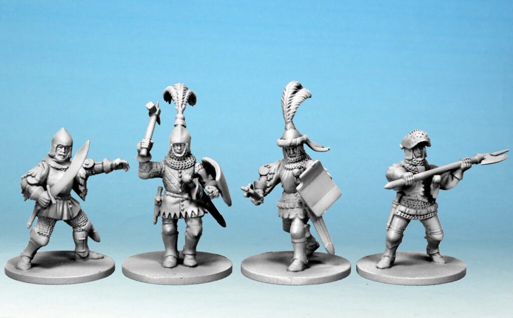 Row of five gray plastic medieval knight miniatures standing on round bases against a blue sky background