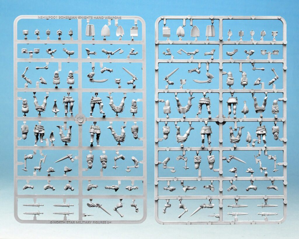 Sprues of unassembled fantasy miniature parts on a blue background showing helmets arms swords and armor pieces on rectangular frames