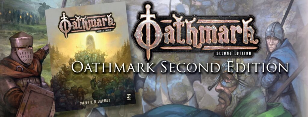 Cover art for Oathmark Second Edition rulebook with a medieval battle scene and armored soldiers in the background