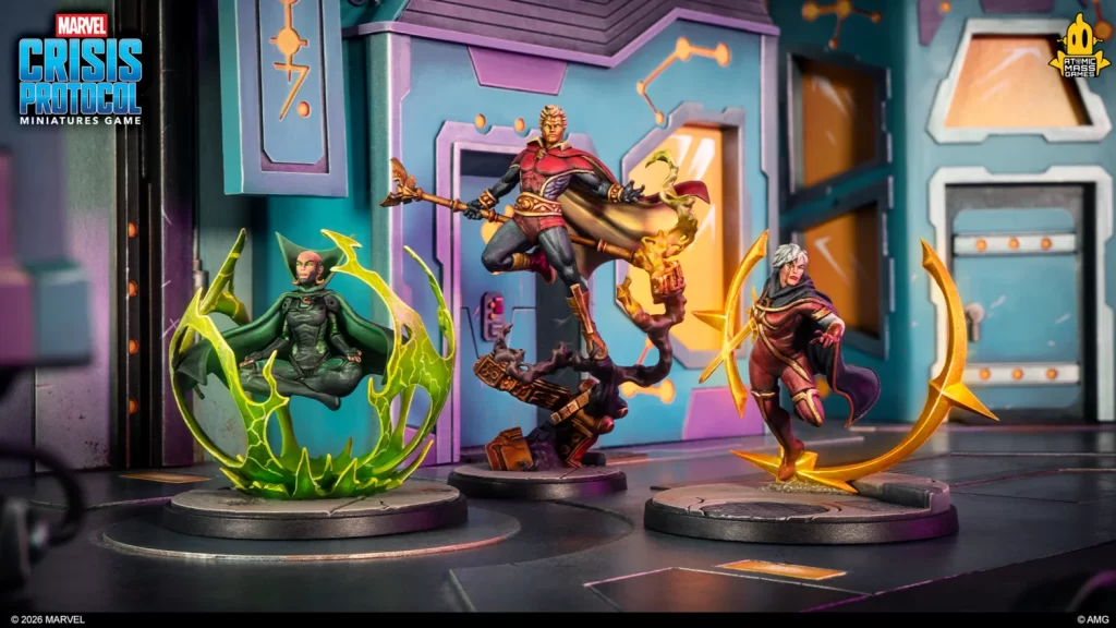 Three Marvel Crisis Protocol miniatures on a colorful sci‑fi game board: left a green energy-wreathed character, center a levitating armored hero with cape, right a glowing archer.