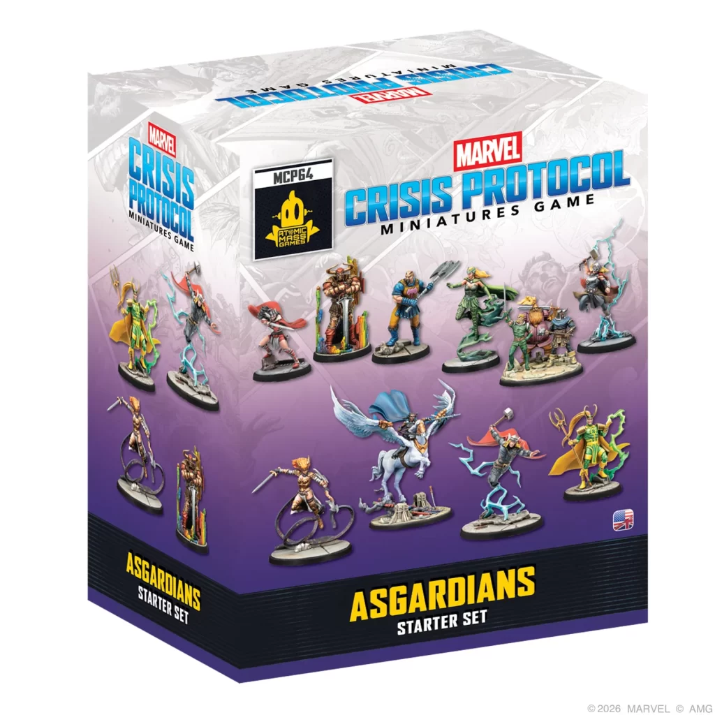 Box art for Marvel Crisis Protocol: Asgardians Starter Set with assorted miniatures on a purple gradient background